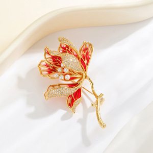 Chinese Style Enamel Lotus Brooch Gold Red Flower Pin Women's Fine Jewelry Everyday Wear Accessory - Product Image 1
