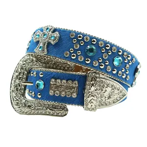 Bling Bling Royal Blue Diamond Riemen Westerse Fashion Designer Rhinestone Stud Riem Voor Mannen