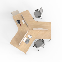 Poste de travail modulaire ATWOKA à 120 degrés pour 3 personnes avec finition chêne clair et cadre blanc pour bureau partagé créatif