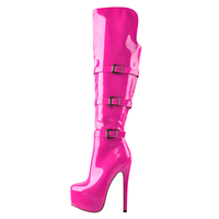 Bottines à talons aiguilles plateforme multi-boucles en cuir verni rose vif pour femmes, pour défilés de mode et soirées