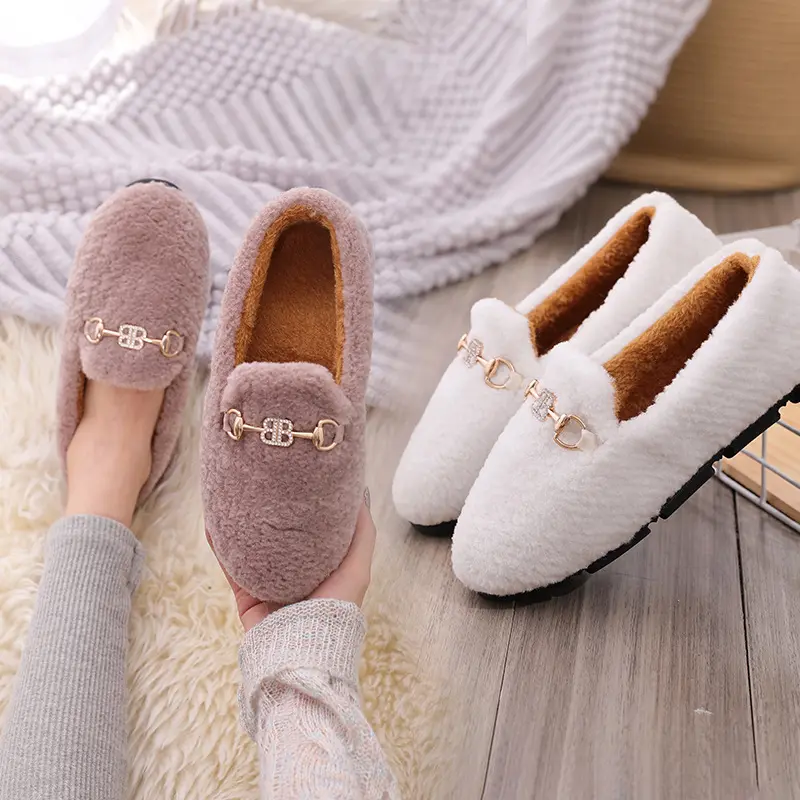 winter ladies slip on fluffy material soft plush sole flat casual warm furry shoes fashion lady shoes for women