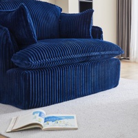 Furnistyl Canapé convertible en tissu de velours côtelé bleu avec chaise simple et pouf pour villa et salon