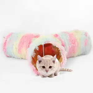 Customize Rainbow Fluffy Plush Cat Tunnel Toy Collapsible 3 Way Rabbit Ferret Cat Tunnel For Indoor Cat Kitty Kitten