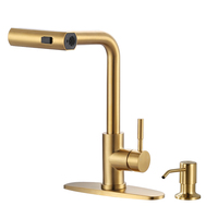 Robinet de cuisine cascade avec distributeur de savon et pulvérisateur à tirette, mitigeur de cuisine en or moderne robinet d'eau de cuisine extractible