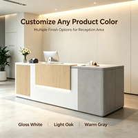 Comptoir de réception blanc personnalisé avec panneau en bois et éclairage LED pour bureau, hôtel, hall d'entrée