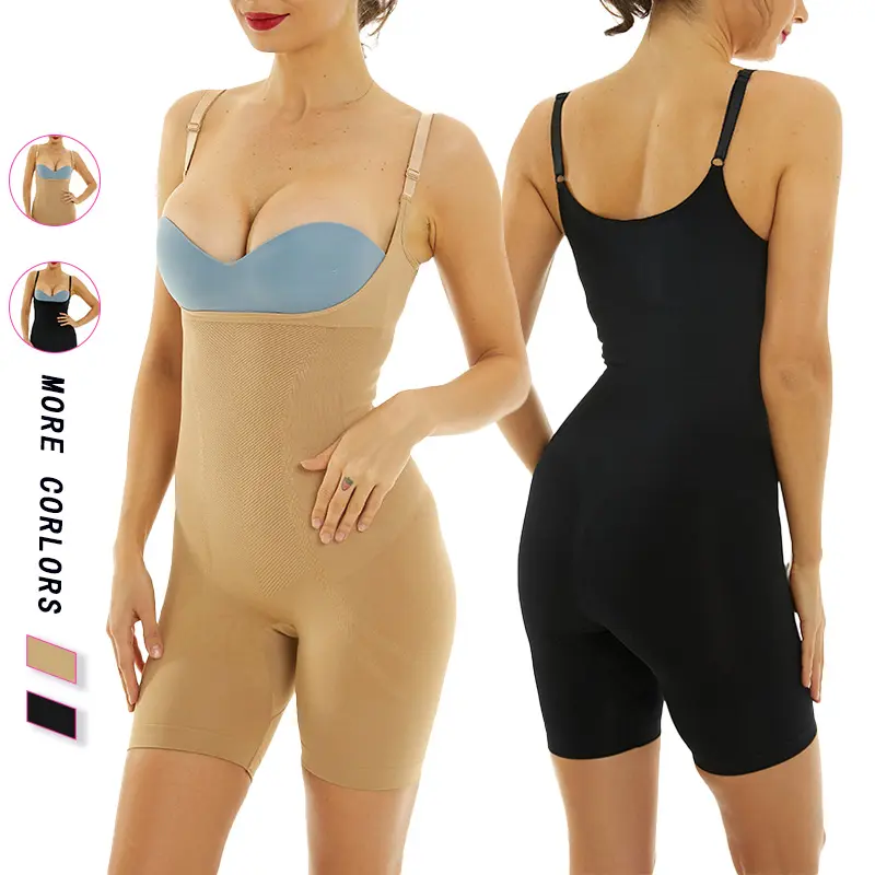 Kadınlar için karın kontrol Shapewear dikişsiz firma kontrol Bodysuit açık büstü orta uyluk vücut şekillendirici şort