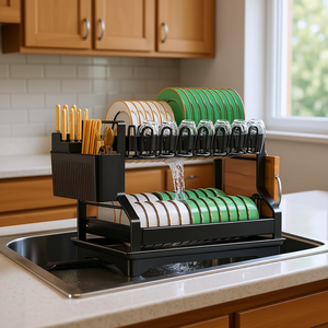 Escurridor de platos extensible de 2 niveles sobre el fregadero con sistema de drenaje para almacenamiento en la encimera de la cocina - Product Image 3