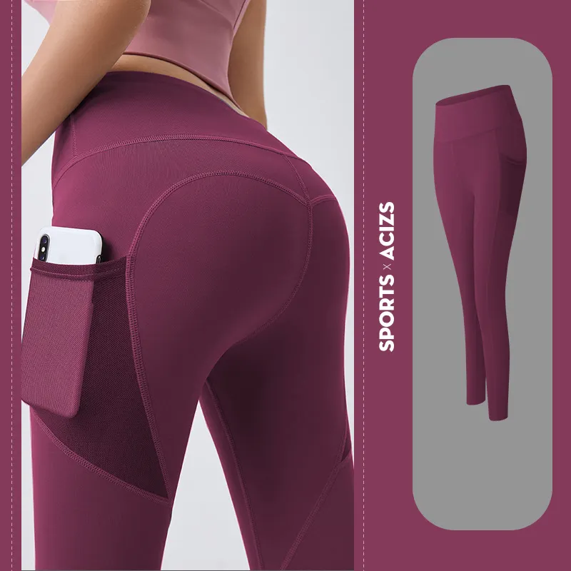 Abdomen nylon Spandex Fitness Gym Push Up Butt Lift Leggings de malla de cintura alta con bolsillo para mujeres Pantalones de yoga con bolsillo