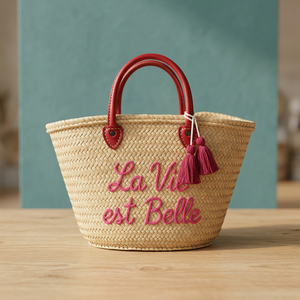 Handmade Straw Basket With Red Handles And Tassels La Vie Est Belle Embroidery Natural Bamboo Weave Bucket Bag - Product Image 1