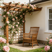 Fauteuil vintage en rotin avec structure en aluminium léger, dossier haut rétro, chaise de bistrot de jardin avec coussin imperméable