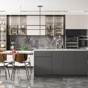 Armoires de cuisine modernes et minimalistes avec îlot, structure en mélamine, plan de travail en quartz, accessoires d'évier pour appartements - Product Image 2