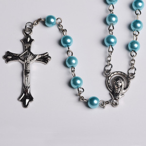 Best Selling in Stock 6 mm Glass Imitation Blue Pearl Beads Alloy Crucifix pendant Roman Catholic Pray Rosary - Product Image 1