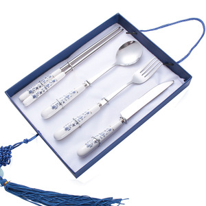 410 Stainless Steel <strong>Knife</strong>, Fork, Spoon, Chopsticks, <strong>Chinese</strong>-style Blue and White Porcelain Handle Four-piece <strong>Set</strong> Gift Box - Product Image 6