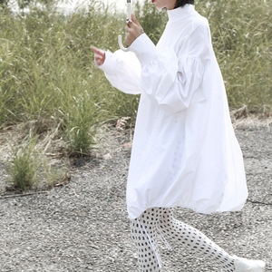 Vestido largo de mujer con cuello alto, mangas abullonadas y cordón ajustable, estilo farol, de moda - Product Image 3