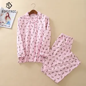 Ensemble de pyjama rose pour femmes, 2 pièces, imprimé teckel, haut à manches longues, taille élastique, pantalon en coton brossé épais, T31519X