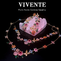 Nouvel ensemble de bijoux KS en pierres précieuses colorées à motifs floraux : Luxe léger haut de gamme, design de niche américain, collier et bracelet plaqués cuivre 24K