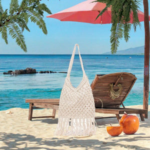 Sac fourre-tout décontracté unisexe vintage en gros, avec pompon, tissé à la main, ajouré, pour la plage, les vacances, à porter à l'épaule, pour Halloween, lavage à la main - Product Image 3