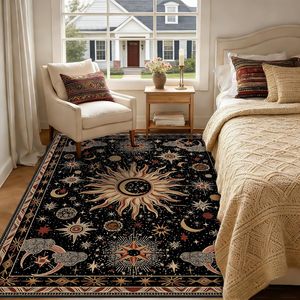 Alfombra Boho Gótica con Diseño de <span class=keywords><strong>Sol</strong></span> y Luna, Grande, Negra, Dorada, Beige, Roja, de Pelo Corto, Lavable, Antideslizante, para Sala de Estar, Comedor, Decoración - Product Image 3