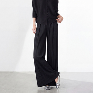 Women's Miyake Plus Size Mid Wide Leg Pleated Long Pants <b>Elastic</b> <b>Waist</b> Loose Slim Casual Spring 100% Polyester Minimalist Style - Product Image 5