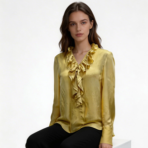 Camicetta Giallo Pallido Drappeggiata e Plissettata, Vestibilità Ampia da <span class=keywords><strong>Donna</strong></span> con Pieghe Sottili ed Elegante Caduta - Product Image 1