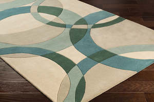 Tapis élégant en laine de Nouvelle-Zélande tufté à la main avec un motif circulaire croisé bleu sarcelle et beige pour salon, chambre et hôtels - Product Image 4