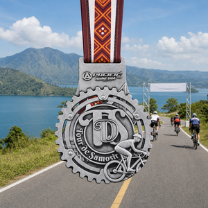 Medaglia Ciclismo Tour De Samosir, Premio per Gara su Strada, in Lega di Zinco con Rilievo 3D, Finitura Argento Anticato, per <span class=keywords><strong>Medagliati</strong></span> con Nastro - Product Image 1