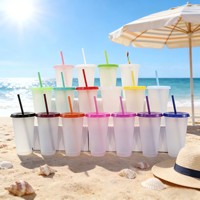 Gobelet en plastique PP grande capacité avec paille et couvercle plat, résistant à la chaleur, couleur unie, réutilisable, pour café et thé, personnalisable, vente en gros