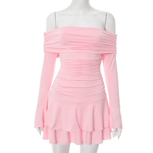 Vestido Casual de Mujer para Primavera/Verano, Sin Tirantes, Cintura Natural, Color Liso, Tejido, Ajustado, Plisado, con Volantes y <span class=keywords><strong>Manga</strong></span> <span class=keywords><strong>Larga</strong></span> - Product Image 6