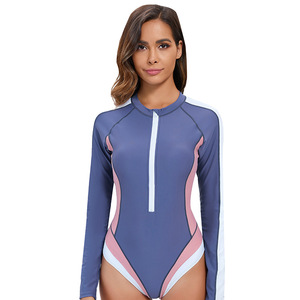 Maillot de bain une pièce à manches longues pour <span class=keywords><strong>femmes</strong></span>, avec fermeture éclair sur le devant, color block, pour le surf - Product Image 2