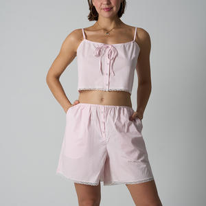 Conjunto de Pijama Informal para Mujer, Camisola a Rayas con Tirantes Ajustables, Pantalones Cortos, Chaleco de Encaje, Tejido Fino de Algodón Puro - Product Image 2