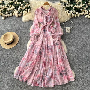 Abito Elegante Stampato dallo Stile Femminile, a Maniche Lunghe <span class=keywords><strong>con</strong></span> Lacci in Vita e Design Aderente, Ideale per un Look da Vacanza - Product Image 2