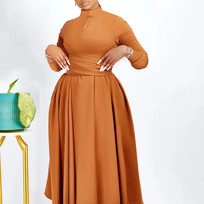 New arrival fashion sexy solid color casual ruched A-line dress long sleeve elegant party dress plus size Africa women clothing