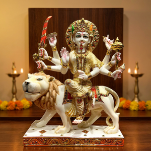 Statue de la déesse Durga en marbre sculpté avec un lion |   Idole de Durga en résine peinte à la main, artisanale, pour la décoration de la maison et du temple, idéale pour Diwali - Product Image 1