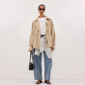 Trench-coat court kaki de style simple pour femme, silhouette de style britannique, vêtement d'extérieur fin et léger avec ceinture - Product Image 3