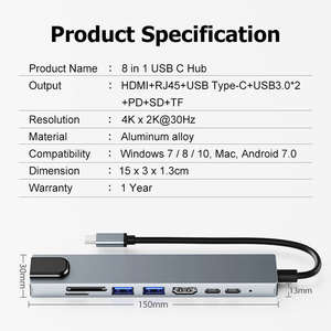 Pix-liên kết hợp kim nhôm USB 3.0 2-cổng Type-C <span class=keywords><strong>HUB</strong></span> với cho 2.1 micro SD hỗ trợ Ethernet RJ45 máy tính xách tay Docking Adapter-Trong kho - Product Image 6