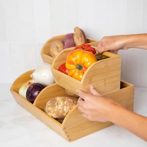 Panier à fruits en bambou empilable, étagère de rangement de cuisine avec poignée, couleur bois naturel, forme rectangulaire - Product Image 2