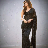 Blus Saree Jaring Nilon Vintage Hitam dengan Payet, Pakaian India Wanita, Desain Gambar Tangan, Cepat Kering, Anti Kusut, untuk Pesta dan Pernikahan