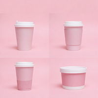 Gobelets à café en papier jetables écologiques APP de 8 oz et 12 oz, couleur rose, avec couvercles et manchons pour boissons chaudes, café