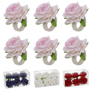 Lot de 6 Anneaux de Serviette en Rose Artificielle Late Elm, Rose, Blanc, Rouge, Bleu Marine, Décoration de Table de Mariage - Product Image 1