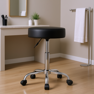 Tabouret roulant en cuir PU épais réglable en hauteur, noir, pivotant, pour salon, maison, bureau - Product Image 2