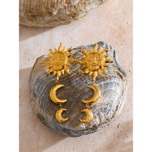 Jinyou 303 bán hàng trực tuyến cổ điển không gây dị ứng Mặt trời Mặt Trăng thép không gỉ 18K mạ vàng lớn thả dangle Bông tai cho món quà - Product Image 2