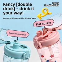 Botella de Agua de Plástico de Grado Alimenticio de Doble Uso para Niños, Vaso con Pajita, Portátil, Resistente al Calor, Diseño de Dibujos Animados, Correa de Transporte para 550 ml