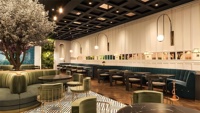 Meubles de café d'hôtel de luxe haut de gamme, table et chaise de salle à manger, canapé de restaurant demi-cercle rond en bois et velours vert à dossier haut