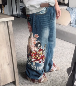 Jeans da Uomo OEM Stile Y2K, Pantaloni in Denim Multi-<span class=keywords><strong>Tasca</strong></span> con Ricami e Stampe, Gamba Larga Vintage Lavata - Product Image 2