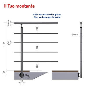 P110109-4XA4-L Poli AISI 316 Acier Inoxydable Fixation Latérale Hauteur 1.10m Rond DROIT Ø 42.4 4 TROUS Ø 12.5 Rails Acier - Product Image 1