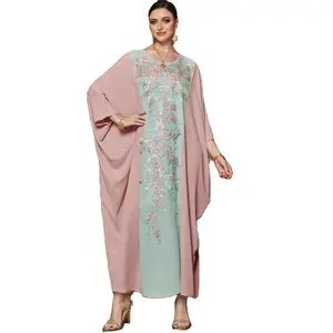 SH0066 luxe broderie 2023 nouveau style manches chauve-souris robe musulman dubaï femmes volants rose abaya islamique modeste vêtements porter