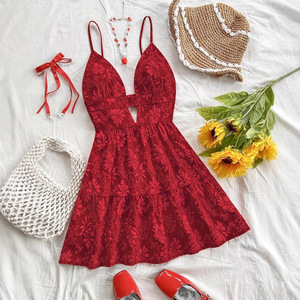 เดรสแฟชั่นผู้หญิงทรงเอไลน์สั้น คอวีเซ็กซี่ แขนกุด ผ้าแจ็คการ์ด ดีไซน์เก๋ - Product Image 1