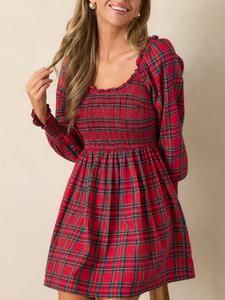 <span class=keywords><strong>Abito</strong></span> alla moda da donna di natale estivo a manica lunga in cotone <span class=keywords><strong>rosso</strong></span> Plaid - Product Image 4