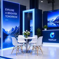 Stand d'exposition modulaire hybride 20x30 avec enseigne LED suspendue, arche lumineuse et murs vidéo pour la showroom TravelTech 2027