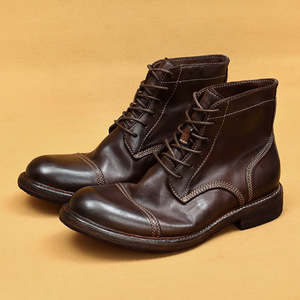 Bottes en cuir véritable pour hommes, hauteur cheville, bout rond, à lacets, couleur unie, semelle extérieure en caoutchouc, semelle intermédiaire en EVA, toutes saisons, vente en gros - Product Image 3
